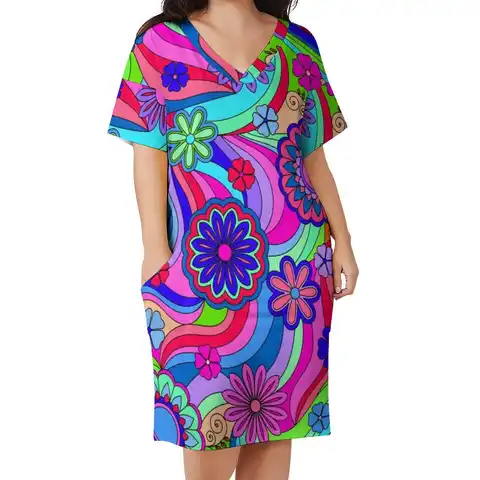 Женское платье с цветочным принтом и V-образным вырезом, большого размера