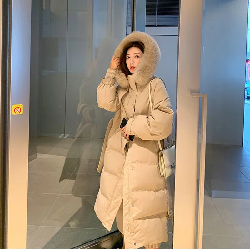 2022 New Duck Down Jacket Ladies Loose Warm X-Long Faux Fur Collar Cotton Coats Women Parkas Winter Clothes Thicken Outerwear
