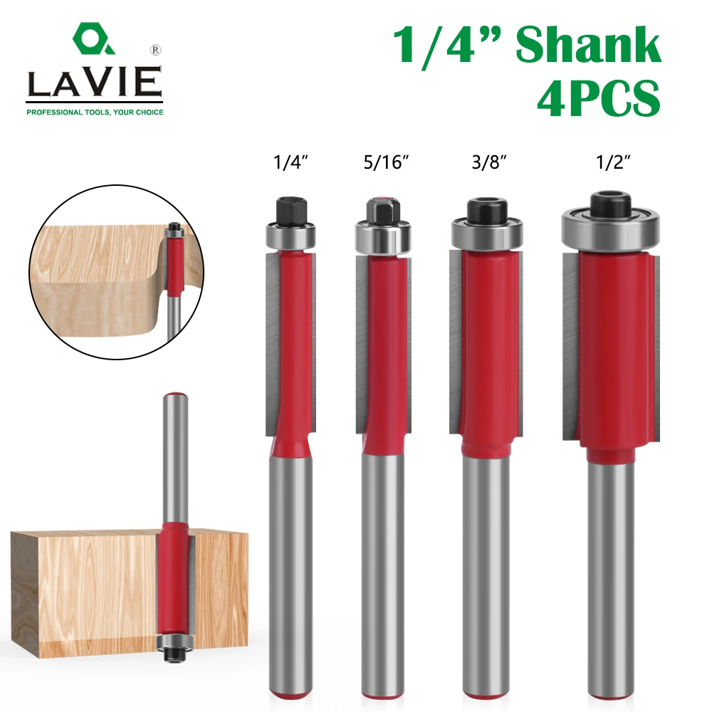 

LAVIE 4pcs 1/4" End Dual Flutes Ball Bearing Flush Router Bit Straight Shank Trim Wood Milling Cutters for Woodworking MC01013