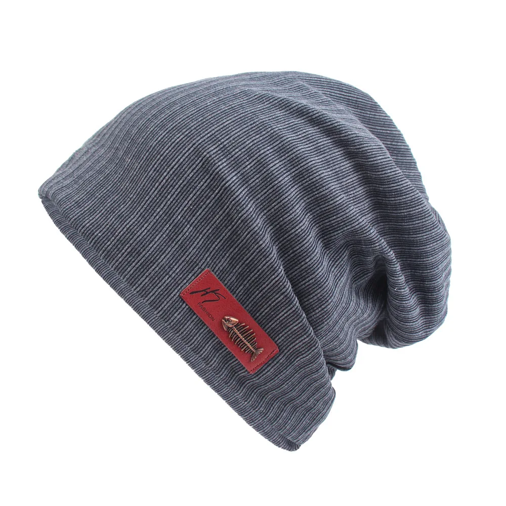 

Winter Warm Knitted Hat Men's Leather Label Beanie Hat With Fish Bone For Women Baggy Sleeve Streetwear Hip Hop Cap Bonnet Homme