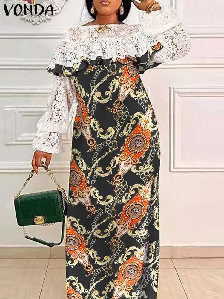 

VONDA Bohemian Sundress 2023 Summer Women Maxi Dress Long Sleeve Printed Ruffled O Neck Casual Loose Lace Patchwork Beach Robe