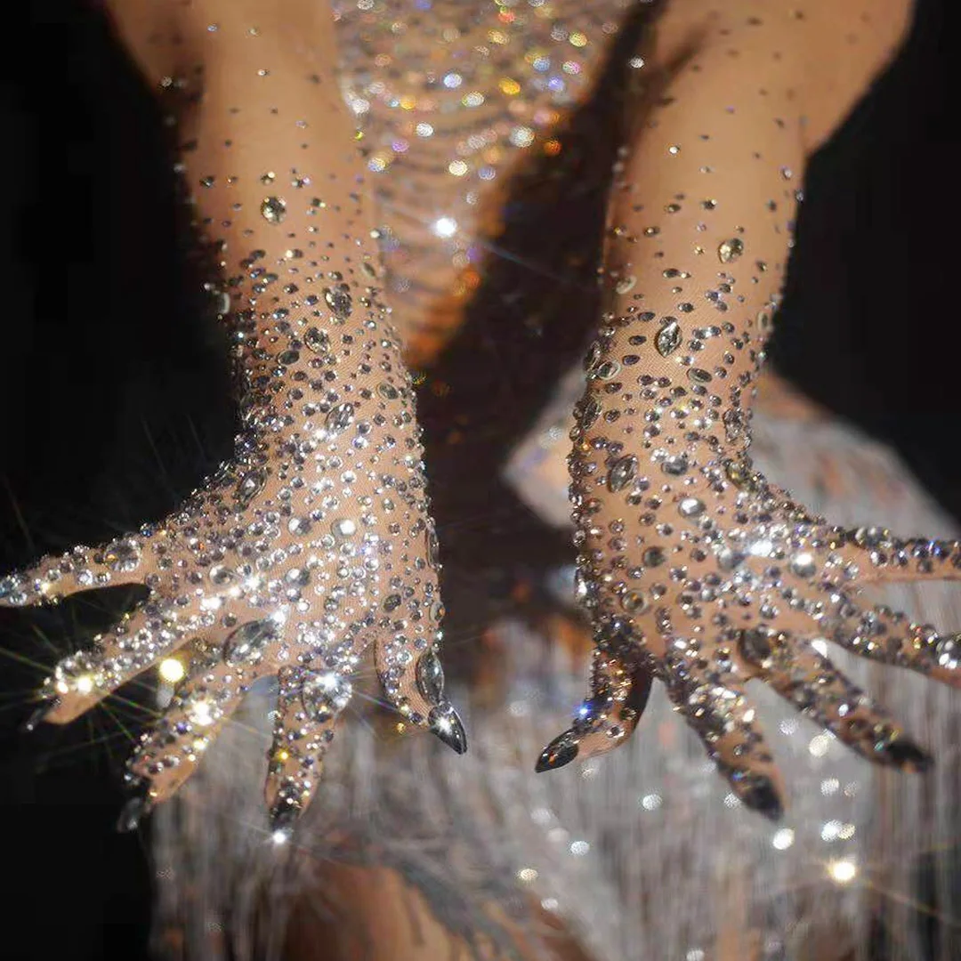 Luxurious Rhinestones Gloves Sparkly Crystal Mesh Party Long Gloves Dancer Singer Nightclub Dance Stage Wear Show Accessories
