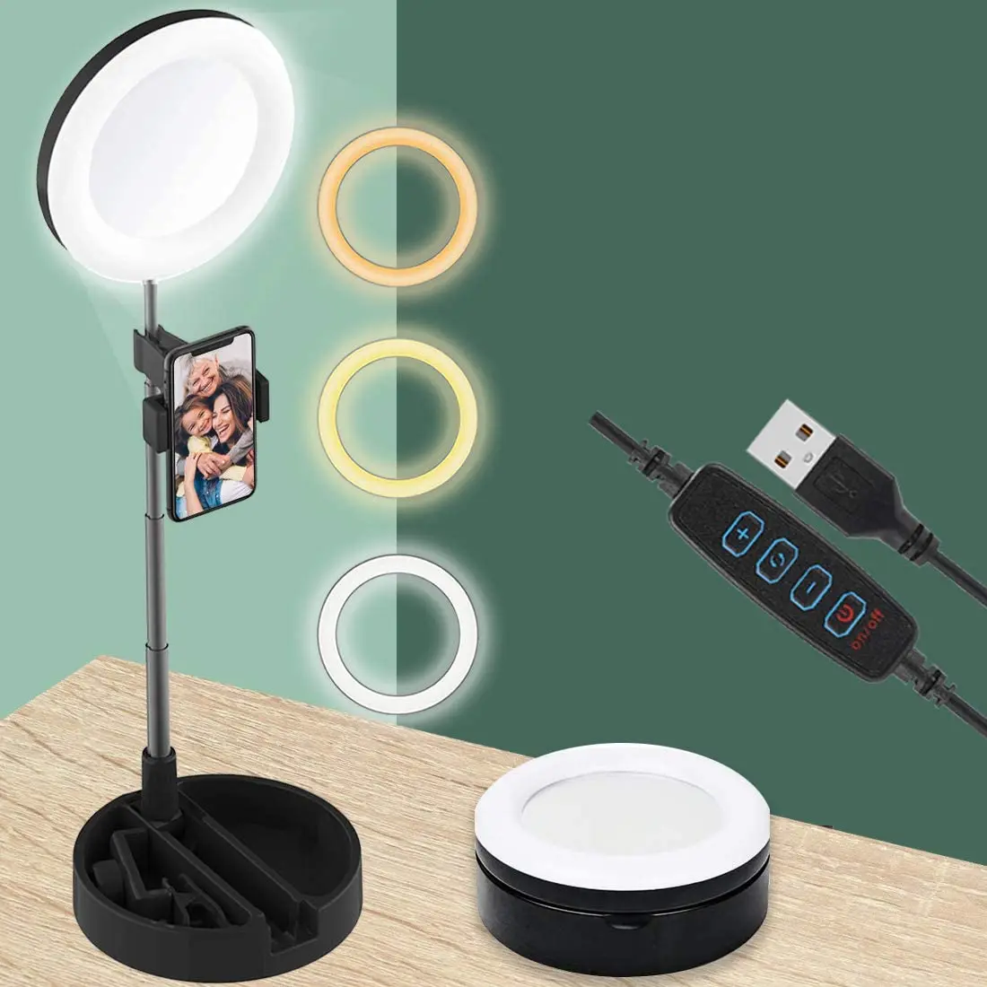 

2023 NEW Anel dobrável com luz de 16 5 cm com suporte espelho de maquiagem com suporte de telefone 3 cores de luz USB com re