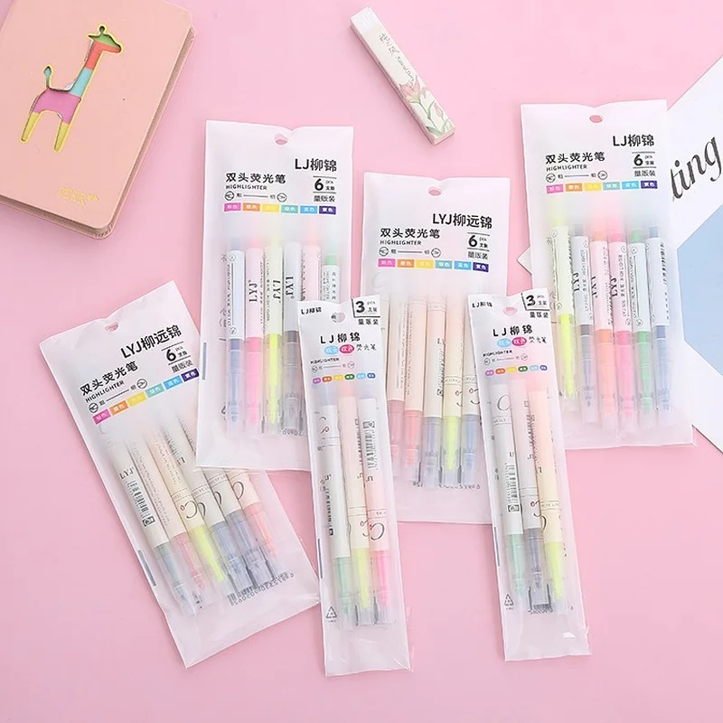

3/6 Pcs Double Head Highlighter Pen Markers Chisel Tip Marker Fluorescent School Writing Highlighters Color Cute