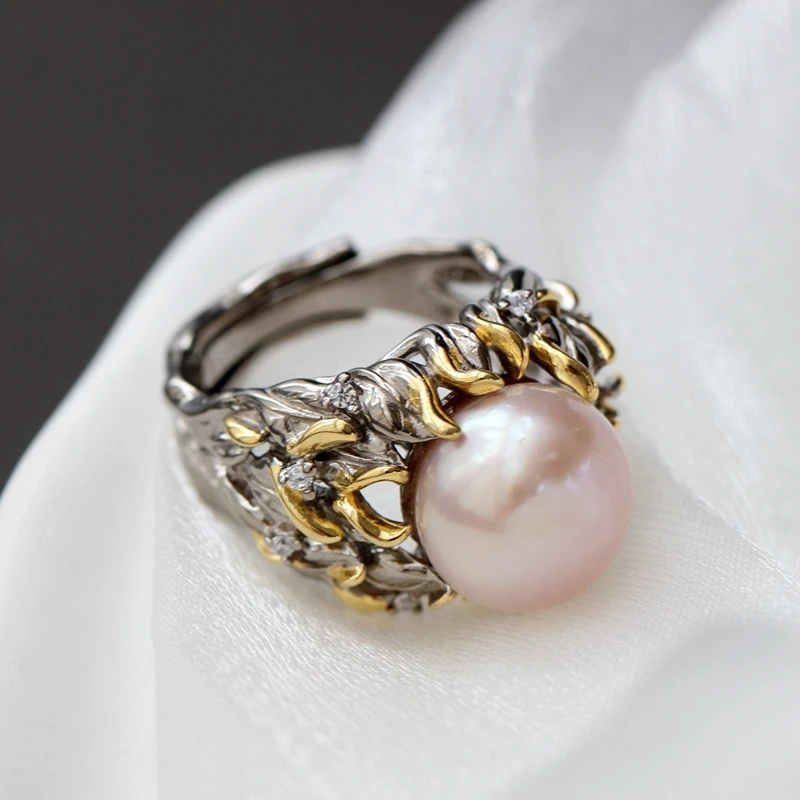 Inlaid Natural Freshwater Pearl Trendy Women Ring Handmade Creative Delicate 925 Sterling Silver Rings Jewelry Gift