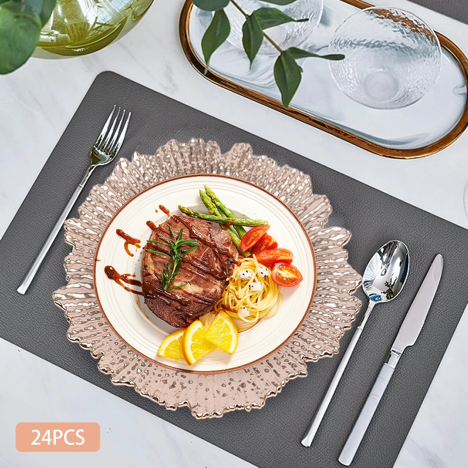 

Rose Gold 12.6 Inch Charger Plates Round Plastic Reef Plate Chargers For Dinner,Wedding,Party Elegant Decoration Place Mats