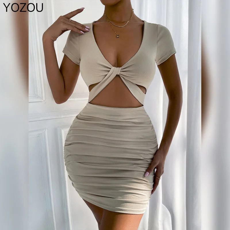 YOZOU 2022 Summer Wrap Slim Bodycon Short Sleeve Mini Short Dress for Women Female Elegant Hollow Out V-neck Party Club Beige