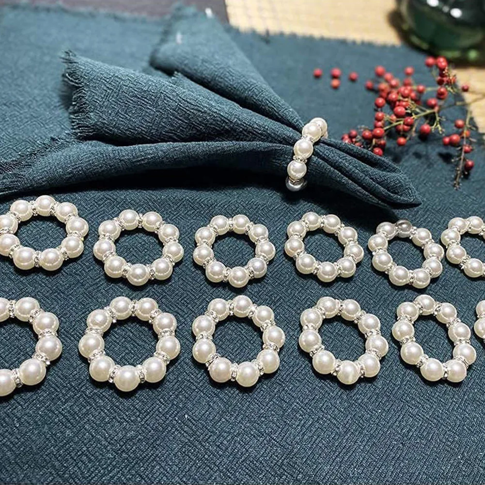

12Pcs Elegant Pearls Napkin Rings Napkins Holders Rhinestone Serviette Rings Buckle Button For Wedding Party Dinner Table Decor
