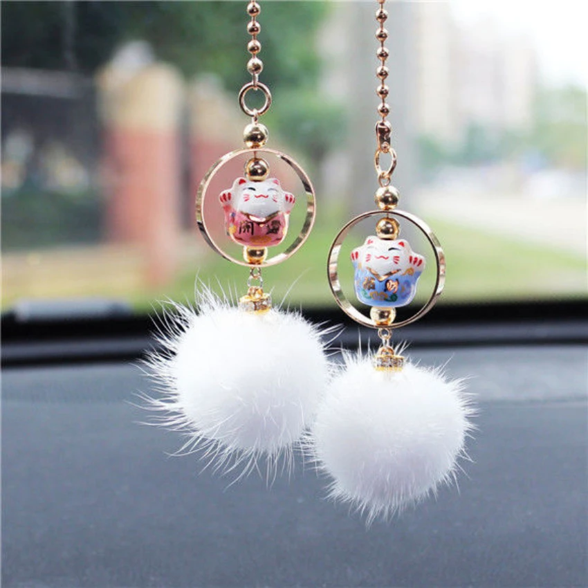 

2Pcs Car Interior Pendant Cute Fortune Pink Blue Lucky Cat Car Ornaments Pendant Car Decoration Accessoire Voiture With Ball