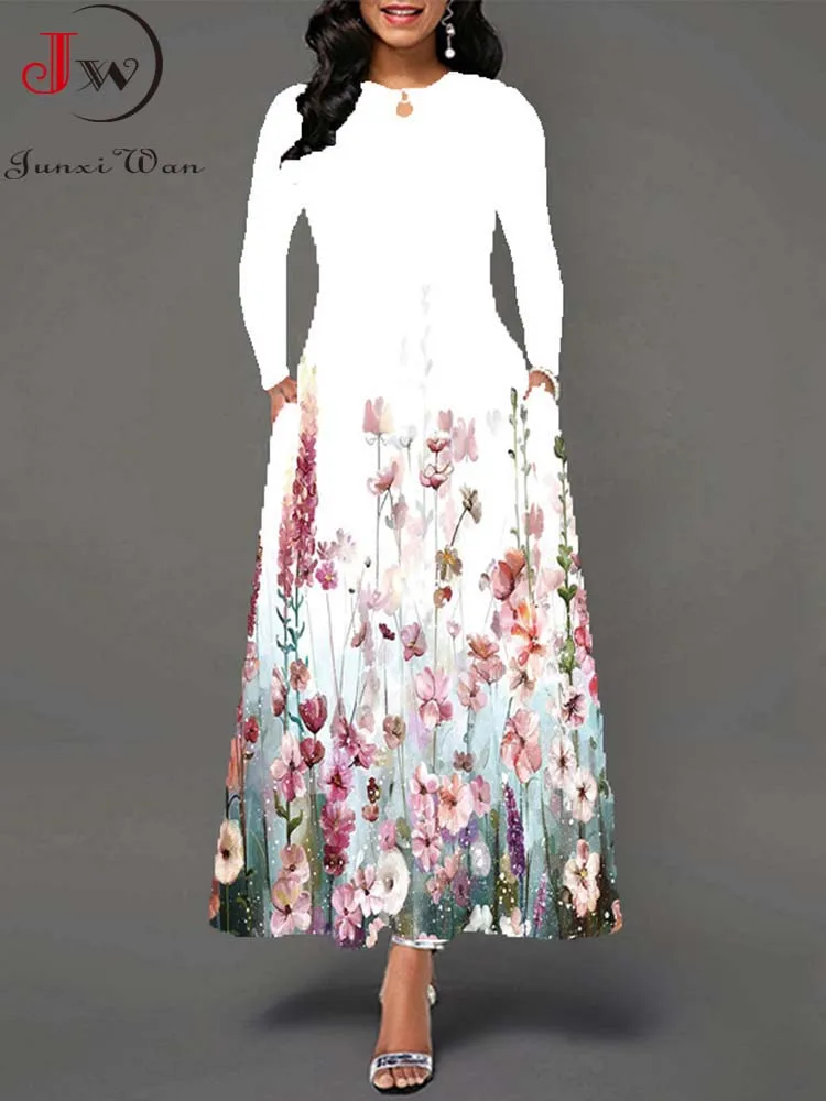 

Женское длинное платье макси на весну и осень, Элегантное повседневное платье с цветочным принтом и длинным рукавом для вечеринки, лето 2023