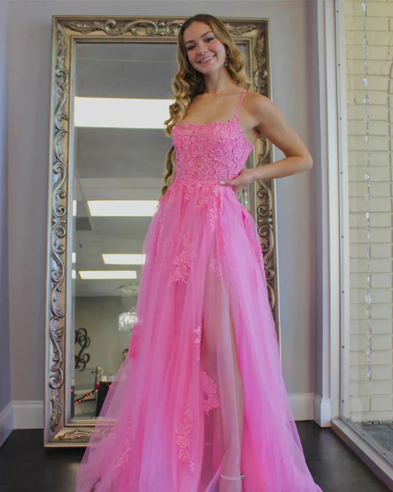 

A Line Spaghetti Lace Appliques Long Prom with High Slit Backless Lace Up Skirt Ruffles Count Train Formal Evening Dresses