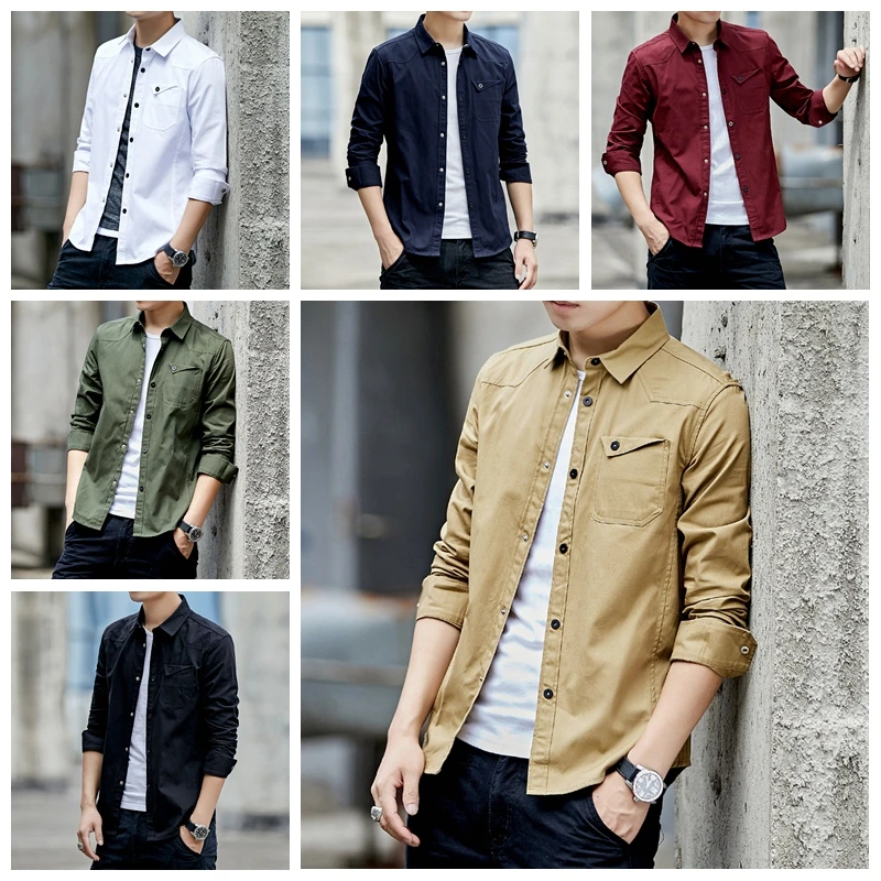 Men's Shirts Casual Military Cotton Shirt 2019 Green Slim Fit with Pocket Long Sleeve Vintage Jacket Streetwear Drop Shipping