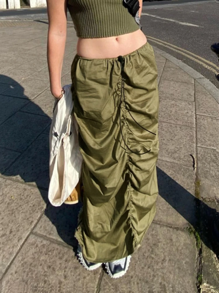 

Shirring Drawstring Low Waist Casual Midi Skirts Womens Fashion Retro Green Vintage Hippie Pleats Clothes Baggy Streetwear Skirt