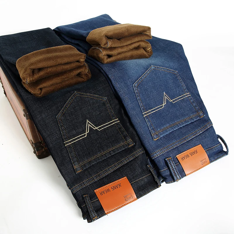 Men Winter Straight Trousers Baggy Stretch Jean Fashion Men Business Casual Jeans 2021 Thicken Keep Warm Autumn Man Denim Pants