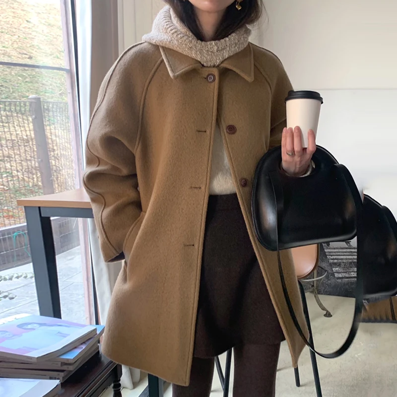 

Clothland Women Elegant Solid Woolen Jacket Single Breasted Long Sleeve Outwear Khaki Black Long Thick Coat Mujer CA876