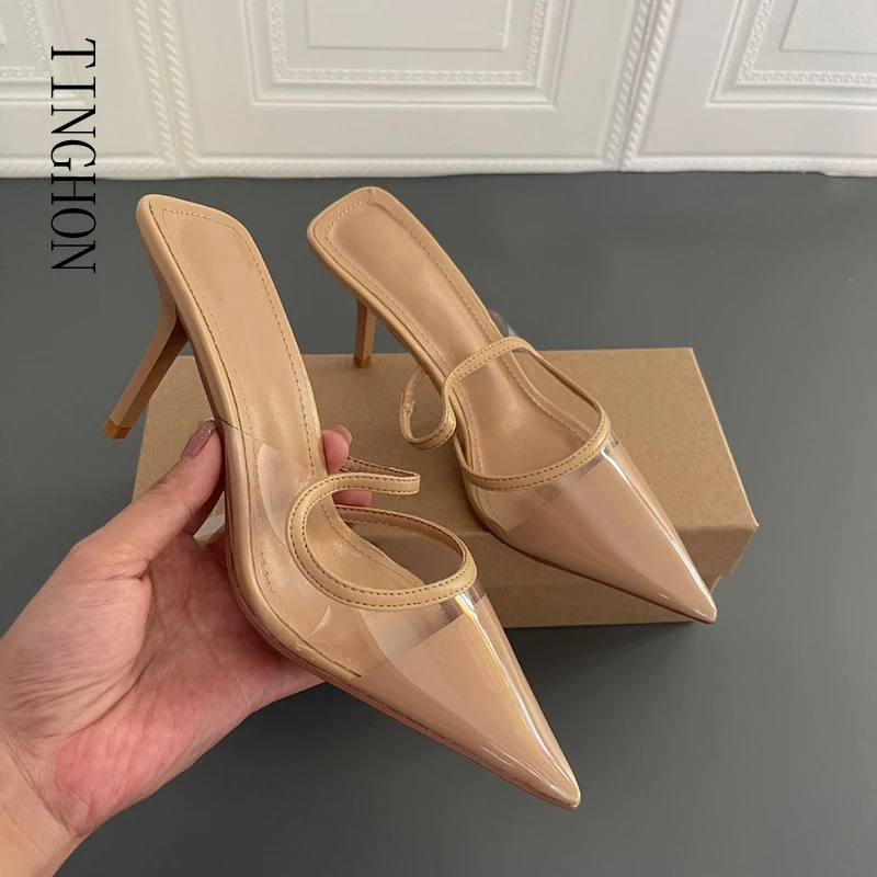 

TINGHON Fashion Brand Women Slipper Thin High Heel Ladies Sandal Pointed Toe Shallow Slip On Mules Outdoor Slides Shoes Mujer