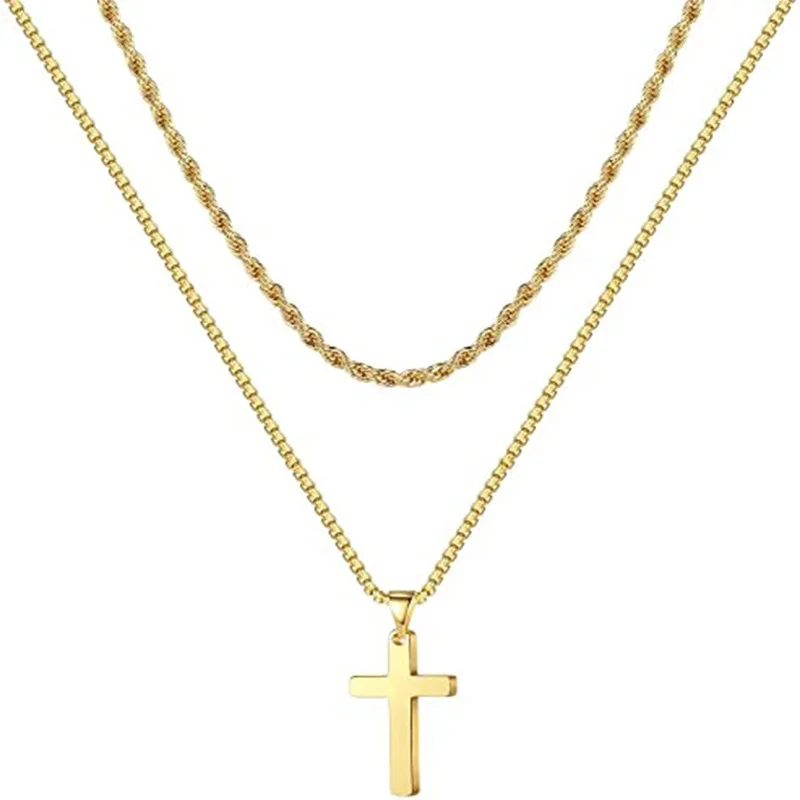 Vintage Men's Cross Necklaces Silver Black Gold Layered  Pendant Necklace Chain  Jewelry for Women Men