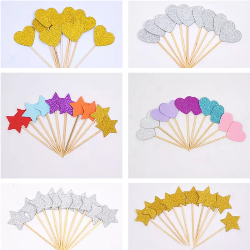 

40pcs Cake Flag Golden Heart Star Cupcake Toppers Baby Shower Birthday Party Decorations Kids Wedding Decoration Cake Toppers