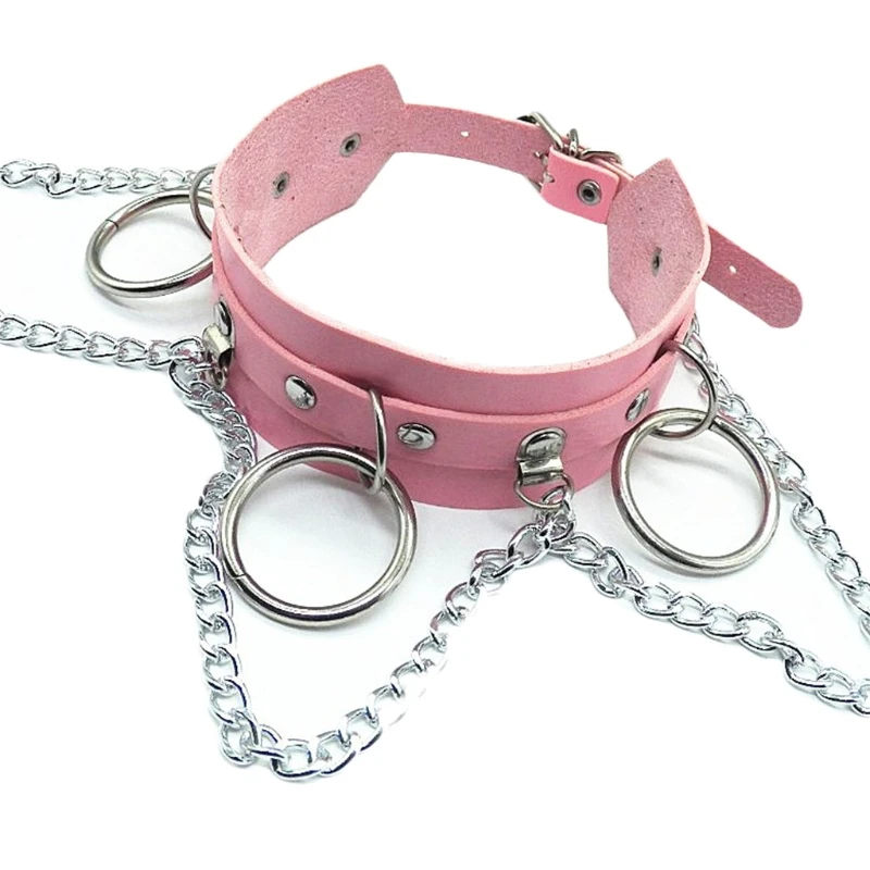 

Adjustable Leather Choker Punk Collarbone Chain Necklace Sexy Costume Accessories with 3 O-Round for Womens