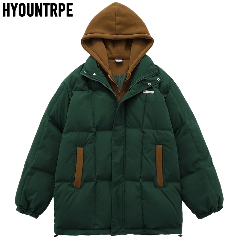 Mens Patchwork Hooded Jackets Hip Hop Warm Thick Cotton Padded Coat Harajuku Casual Zipper Winter Parkas Jacket Outerwear Coats