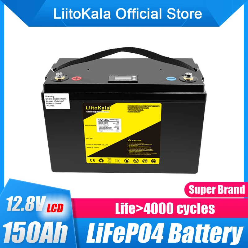 LiitoKala-Batería de fosfato de hierro y litio para barco, paquete de celdas Lifepo4 de 12V, 150Ah, 12,8 V, LCD, inversor de Motor eléctrico, libre de impuestos