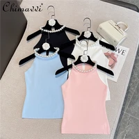 2022 summer new sweet pearl decorative round neck sleeveless top female solid color sexy pullover knitting tank for ladies