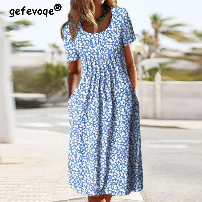 Купи Vintage Floral Print Short Sleeve Ruffle Elegant Dresses for Women Summer Casual Loose Beach Midi Dress Female Clothing Vestidos за 1,088 рублей в магазине AliExpress