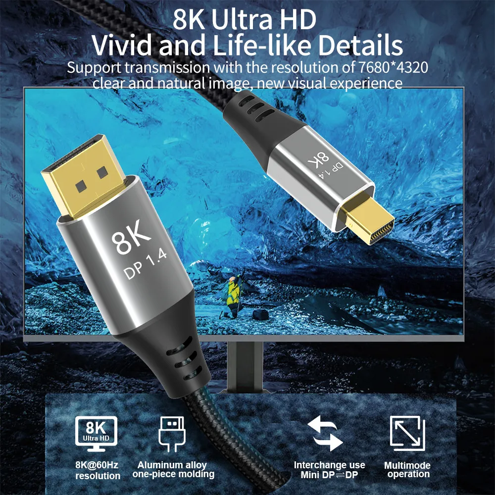 Кабель Mini DP к DisplayPort 8K DP1.4 двунаправленная передача мини кабель @ 60 Гц 4K 144 для MacBook