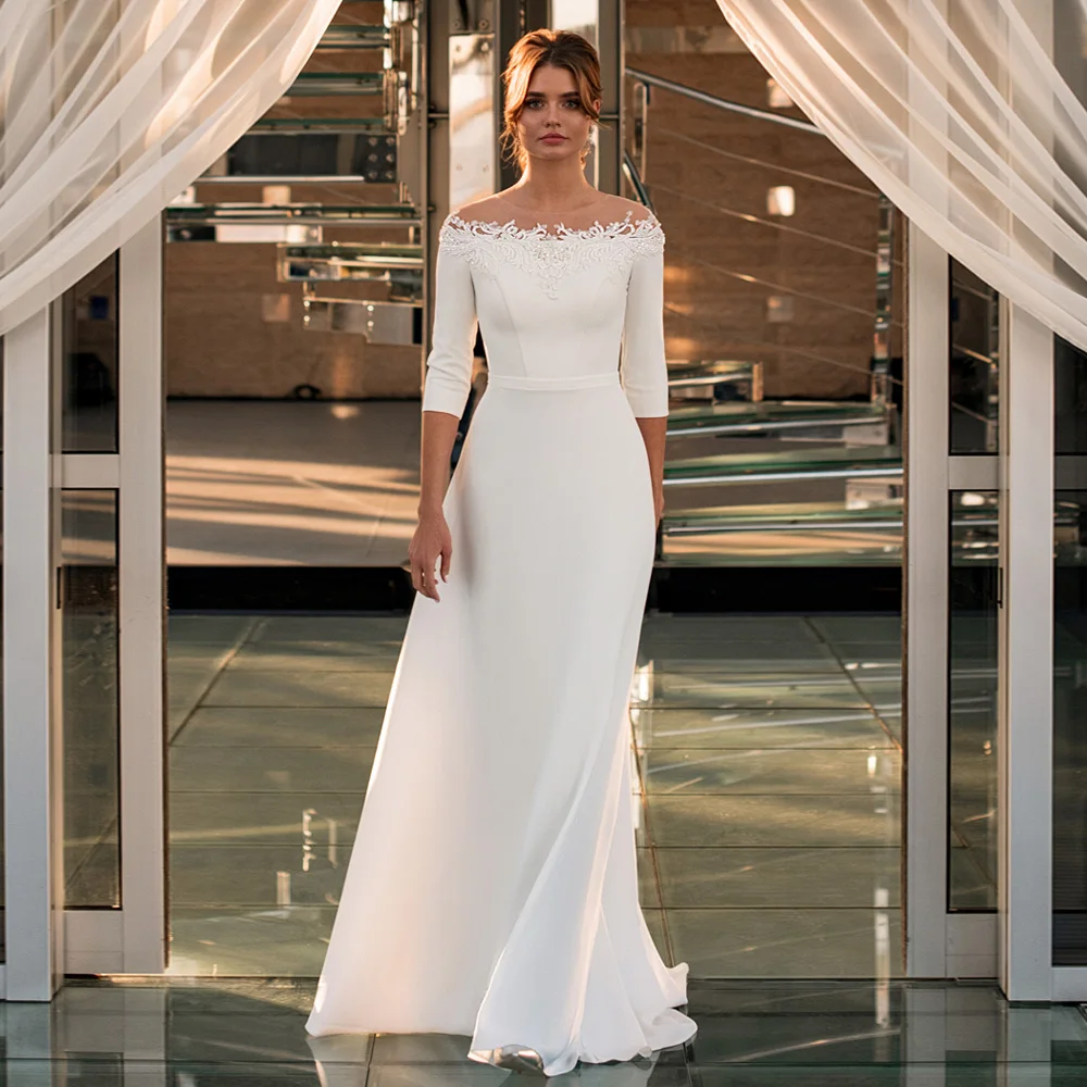 

Simple Wedding Dress New Arrival Boat Neck Three Quarter Sleeves Beading Appliques A Line Jersey Bridal Gown Robe De Mariee