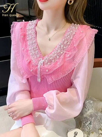 H Han Queen Summer V-Neck Diamond Lantern Sleeves Office Blusa Vintage Tops Elegant Chiffon Blouses Women's Loose Casual Shirts