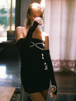 elegant off shoulder bodycon black velvet tube mini dresses with glove for women 2022 sexy backless birthday party formal dress