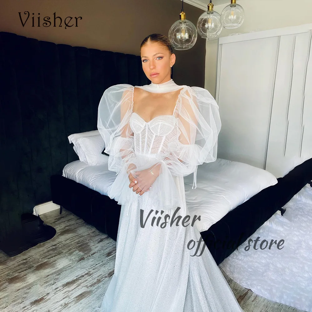 Светящиеся тюлевые Свадебные платья Viisher в стиле бохо корсет с сердечком пляжное