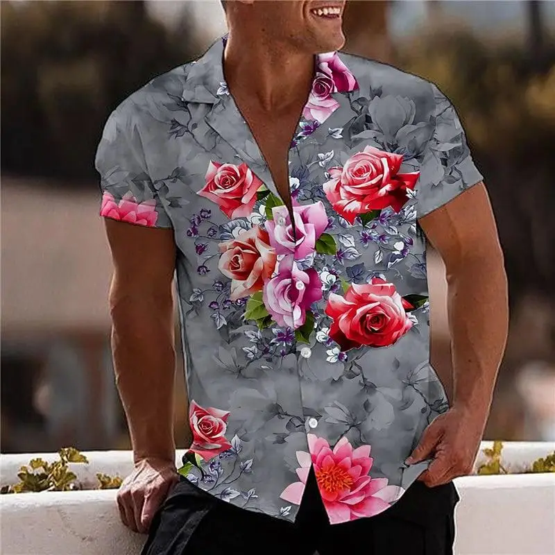 

Men Hawaiian Print Short Sleeve Shirt | Man Print Flower Shirt Short Sleeve