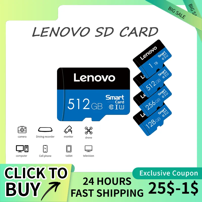 

Original Lenovo 2TB TF SD Card 1TB 512GB SD/TF Flash Memory Card Class 10 128GB Cartao De Memoria For Phone Camera Drone
