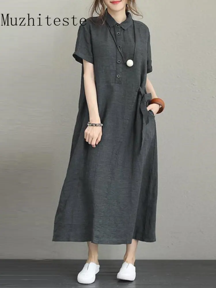 

Женское летнее свободное платье, однотонное хлопково-льняное платье с отложным воротником и короткими рукавами, женское удобное дышащее платье средней длины