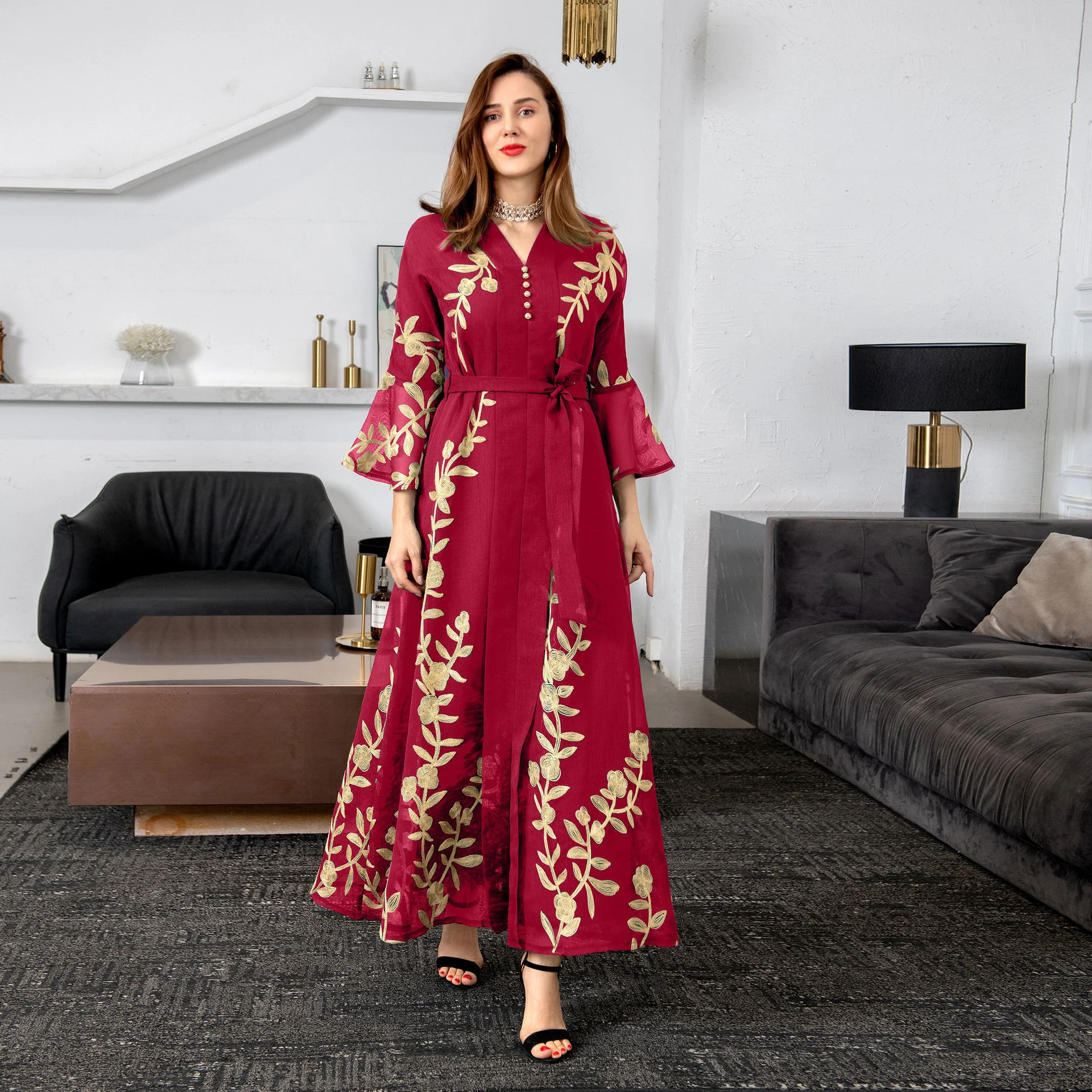 Türkiye Autumn and Winter Mesh Embroidery Lace up V-neck Horn Long Sleeve Robe Women's Temperament Evening Dress Arab Dress