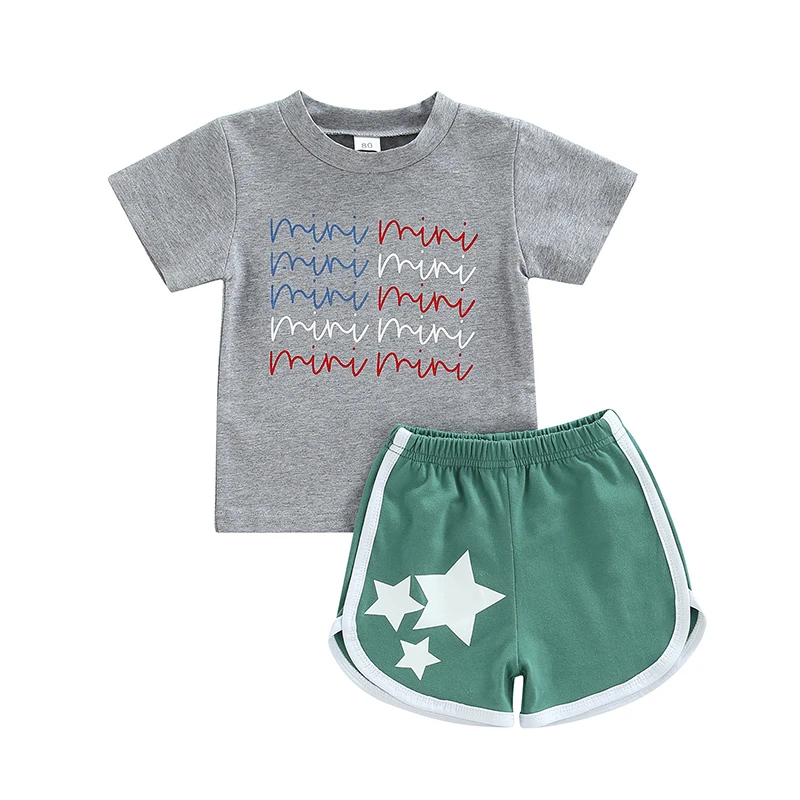 

Girls Boys Two Piece Suit 2022 Baby Toddler Kid Letter Pattern Short Sleeve Tops + Star Print Elastic Waist Shorts Tracksuit