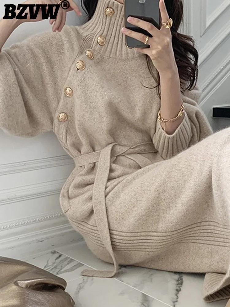 

Платье женское Шерстяное выше колена, с высоким воротником и поясом