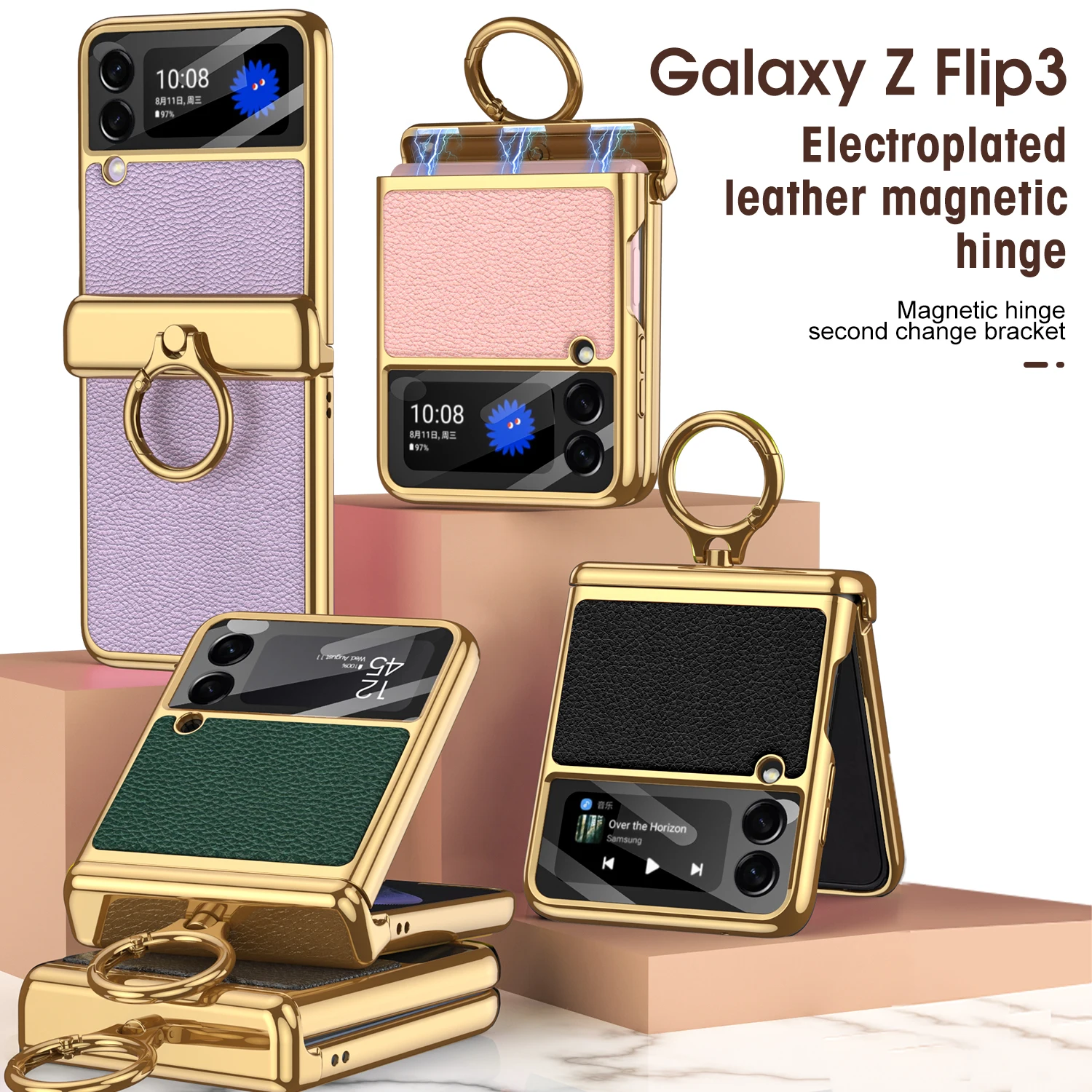 

Magnetic Hinge Case For Samsung Galaxy Z Flip3 With Kickstand Ring Plain Leather Fashion Business Case Support Wireless Funda