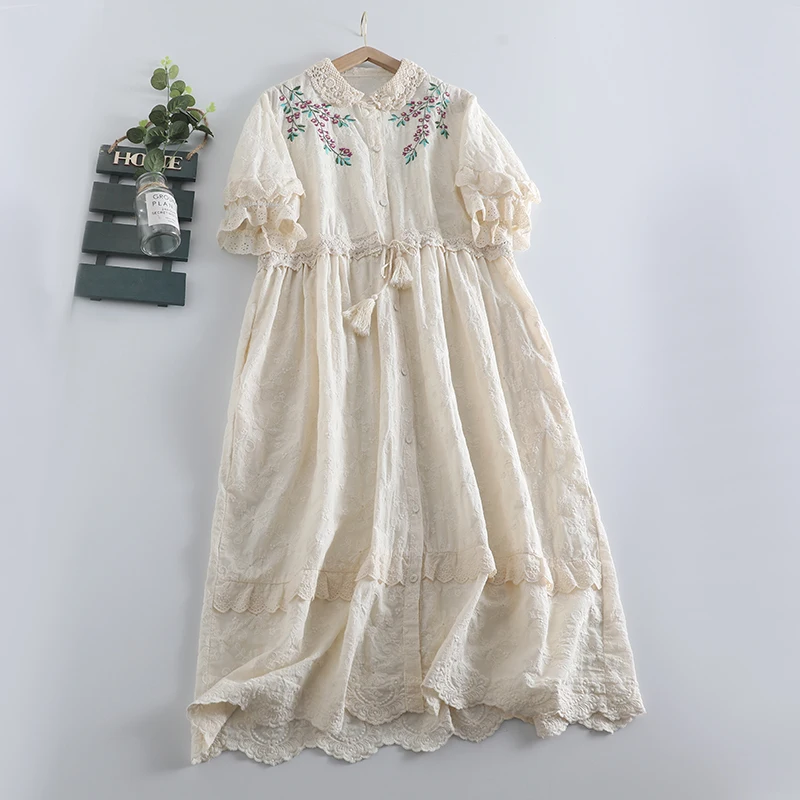 Summer New Sweet Embroidered Dress Women Short Sleeve Single Breasted Dress 923-29