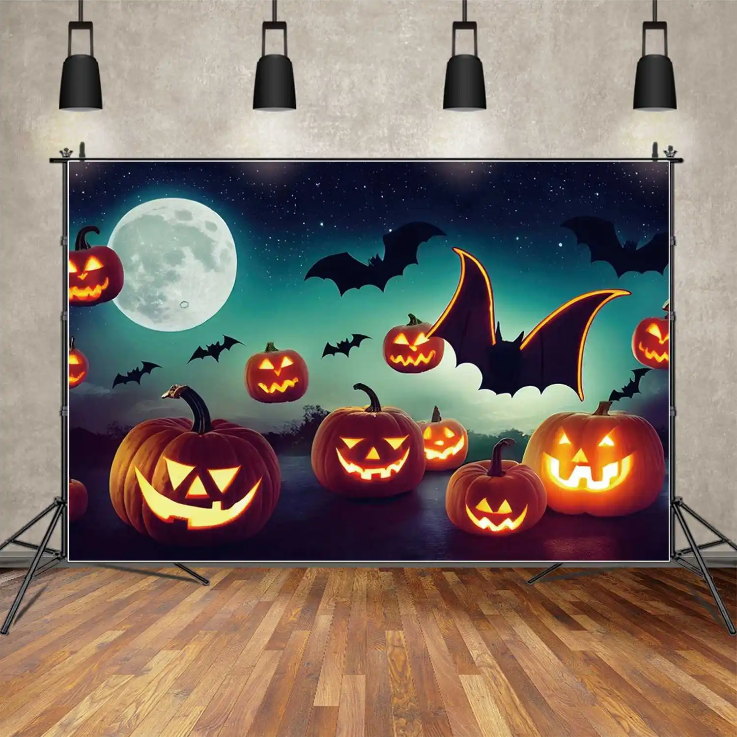 

MOON.QG Photo Backdrop Children's Halloween Blue Star Moon Sky Pumpkin Background Baby Party Forest Flying Bat Decoration Props