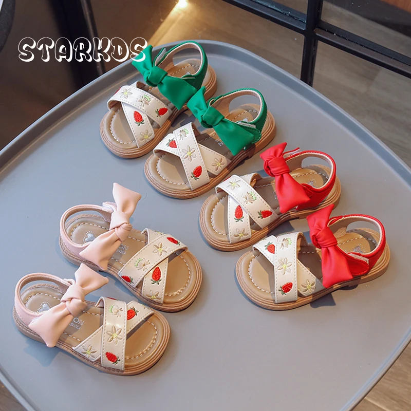 Red Green Strap Sandals Girls Chic Flower Embroidery Sandalias Baby Kids Summer Cute Bowknot Flat Shoes