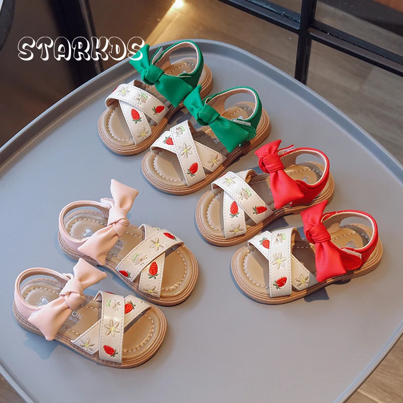 

Red Green Strap Sandals Girls Chic Flower Embroidery Sandalias Baby Kids Summer Cute Bowknot Flat Shoes