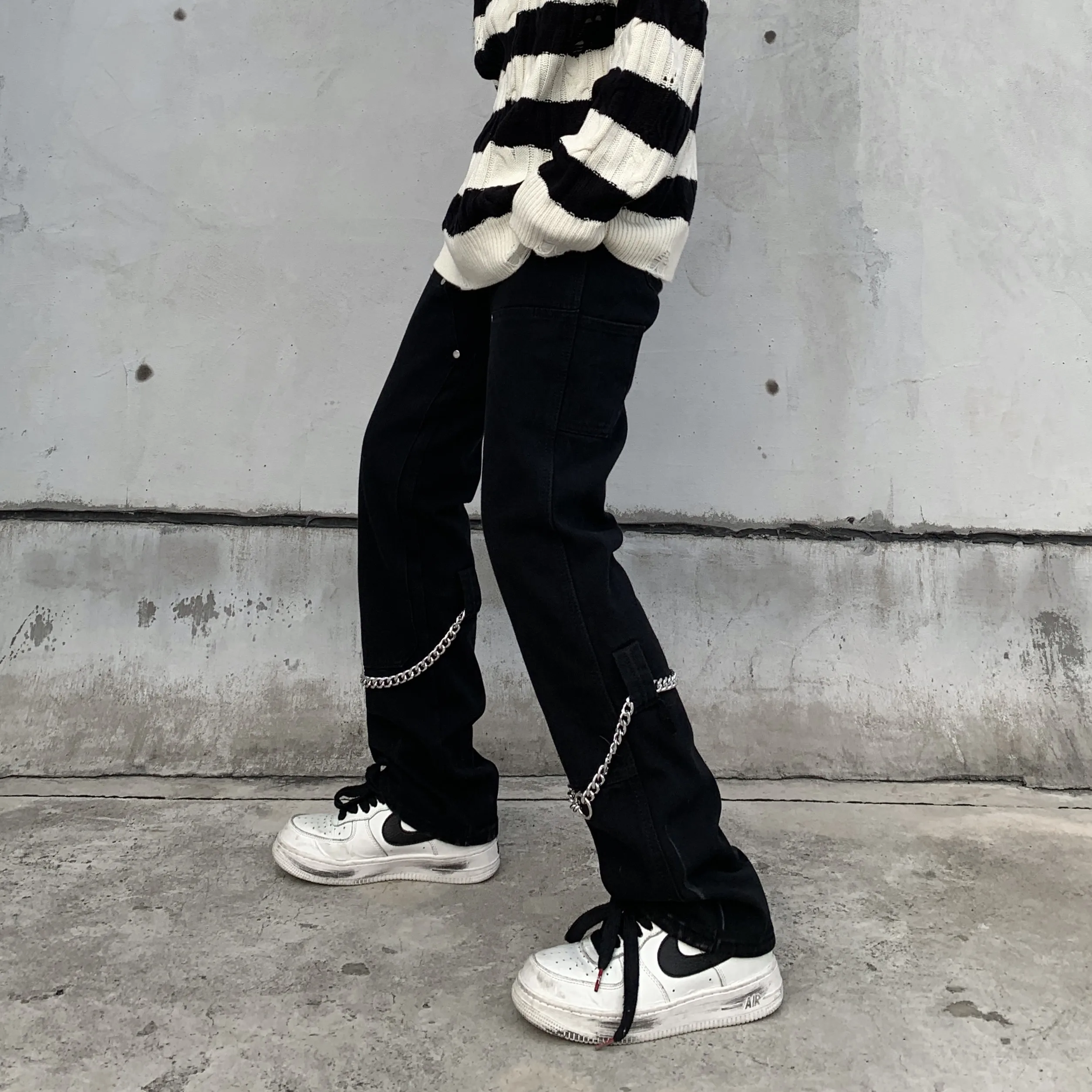 Men's Korean Casual Streetwear Black Harajuku Vintage Jeans Graffiti Wide Leg Baggy Straight Denim Pants Trousers