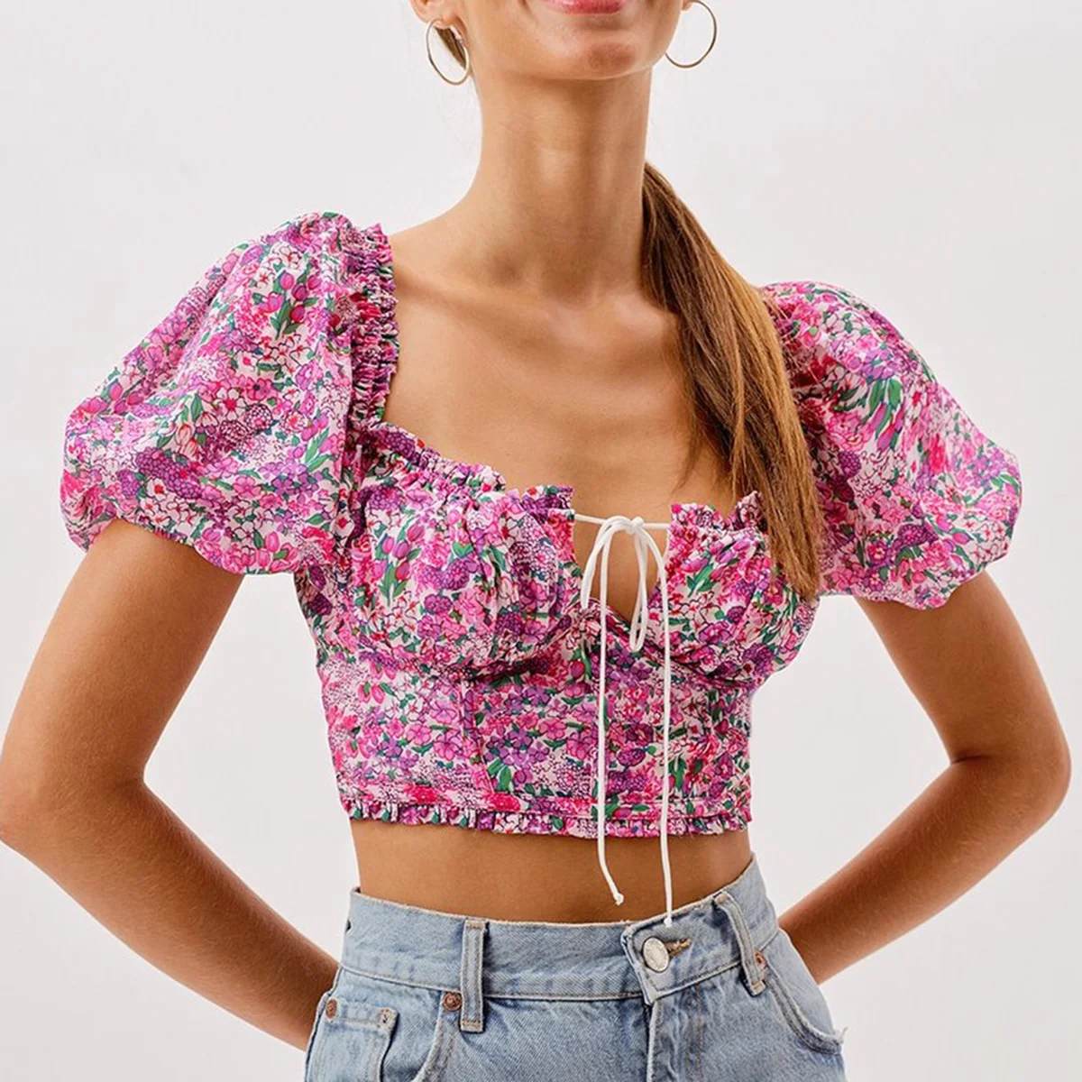 

Jastie Boho/короткая рубашка с квадратным воротником, с цветочным принтом, на шнуровке, с пышными рукавами, на молнии сзади, топы, тонкие, хит прод...
