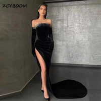 sexy modern black mermaid velour prom gowns off shoulder long sleeves high side slit with sweep train evening party dresses 2022
