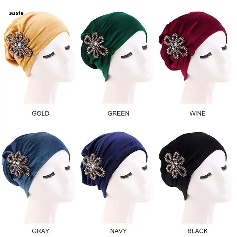 

Fashion Women's Elegant Soft Velvet Turban Beanie with Beaded Flower Hat Chemo for Cancer Hair Loss Ladies Patient