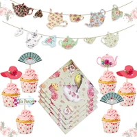 funmemoir lets partea afternoon tea party decorations supplies teapot flowers bunting banner cupcake toppers and napkins set