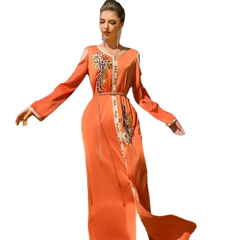 

Kaftan Handsewn Diamond Arabic Long Dresses Evening Moroccan Caftan Women Belted Muslim Dubai Saudi Abaya Ramadan Party Gown