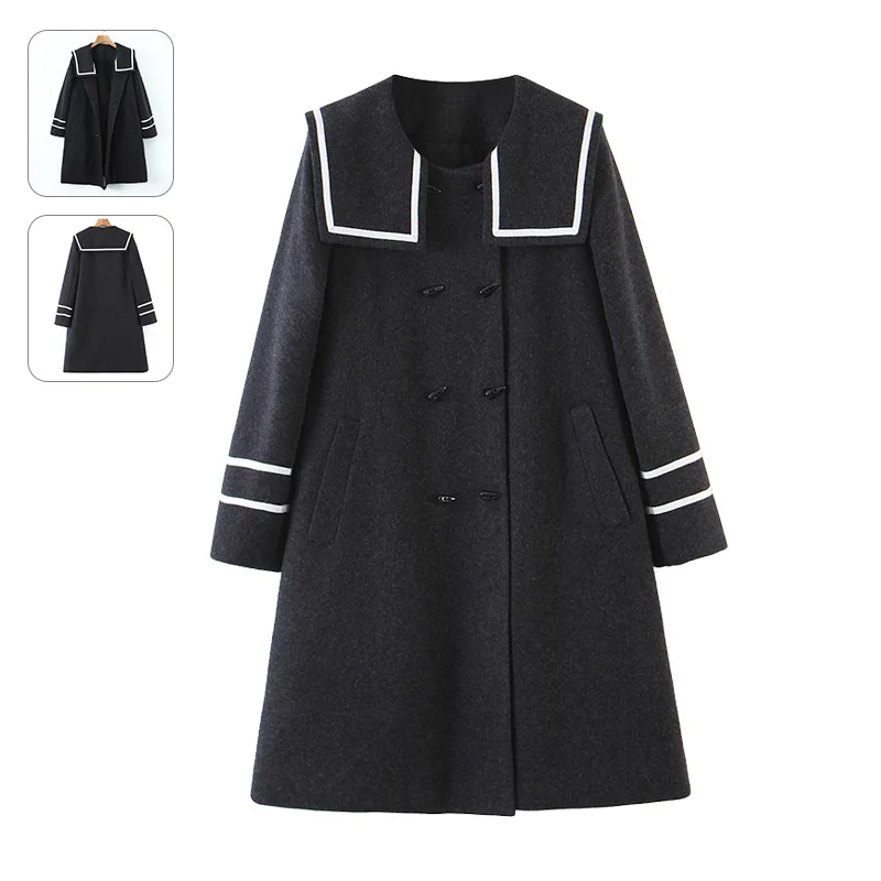 4XL Good Quality Woolen Overcoat Women Plus Size 2022 Winter Sailor Collar Preppy Style Long Coat Fashion Thick Padded Jacket